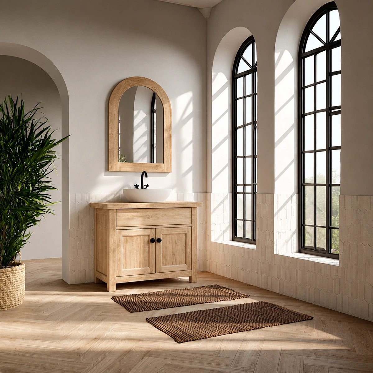 Natural Solid Wood Bathroom Vanity with Drawer and 2 Doors – Rustic Style