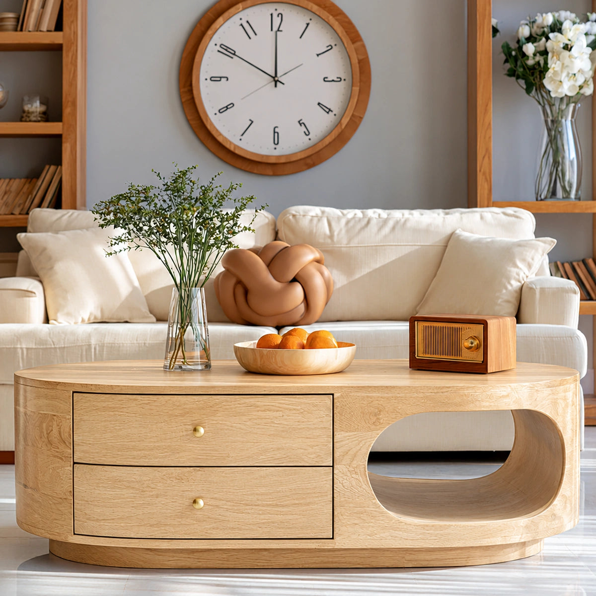 Natural Solid Wood Coffee Table with Drawers – Rounded Modern Style