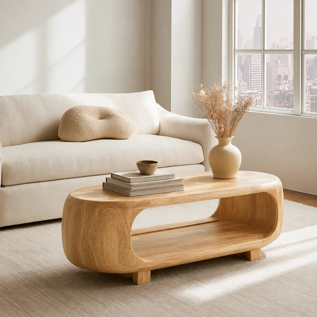 Natural Solid Wood Coffee Table – Rounded Japandi Modern Style