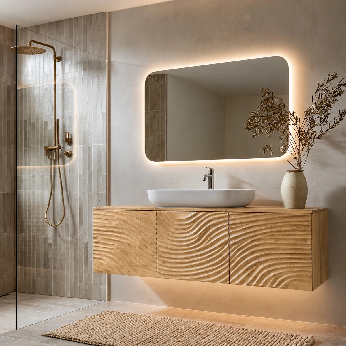 Natural Solid Wood Bathroom Cabinet – Sculpted Wave Modern Style