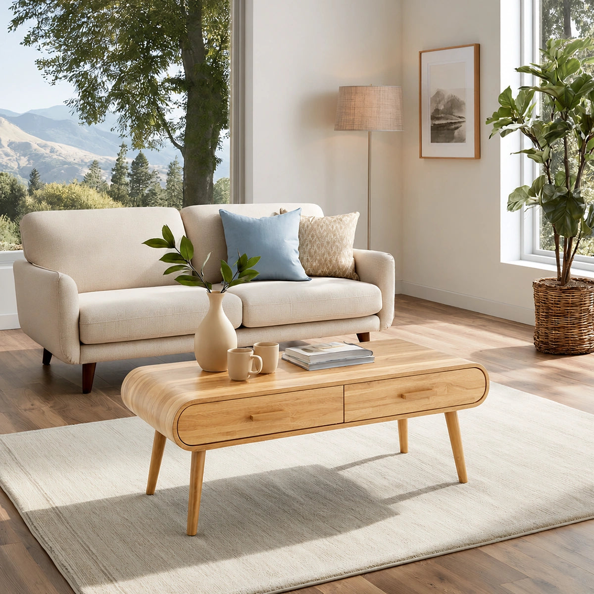 Natural Solid Wood Coffee Table with 2 Drawers – Mid-Century Modern Style