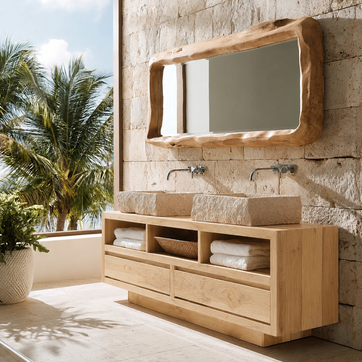 Natural Solid Wood Bathroom Vanity with 2 Drawers and 3 Open Shelves