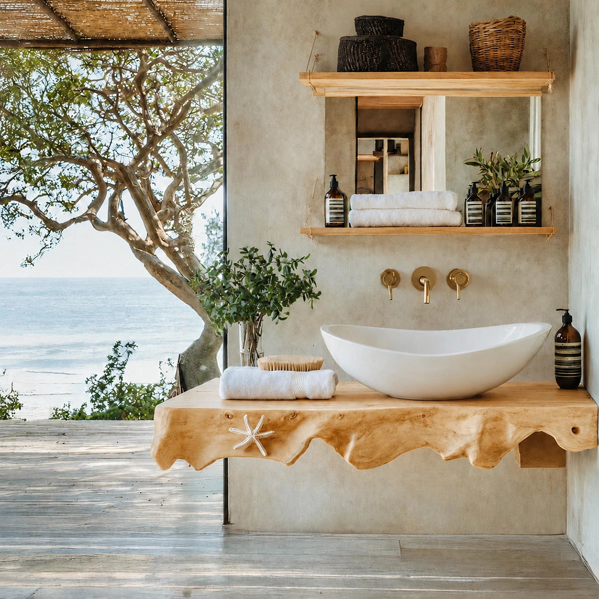 Natural Solid Wood Floating Bathroom Vanity with Sculptural Root Edge Slab
