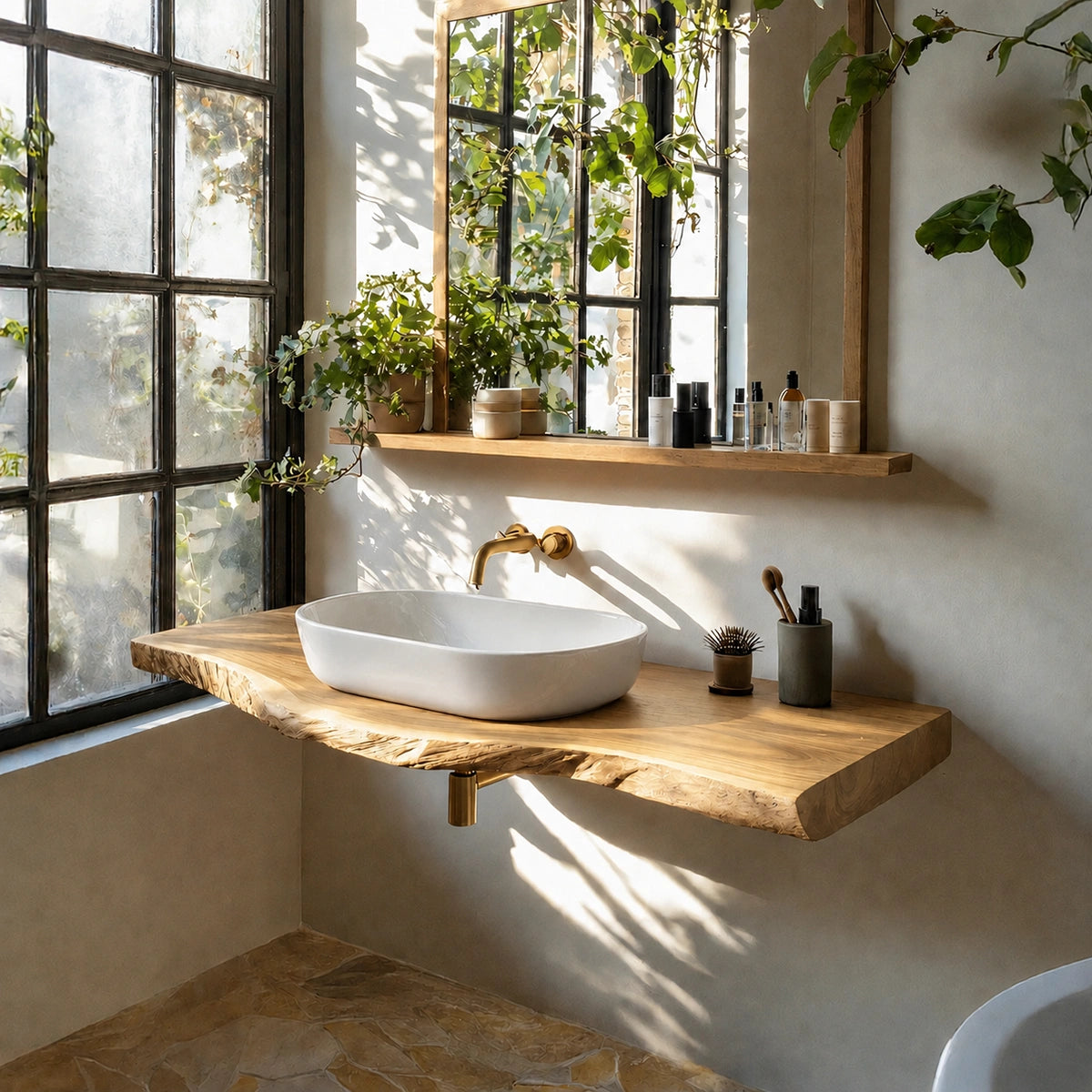 Natural Solid Wood Floating Bathroom Vanity with Sculptural Live Edge Top