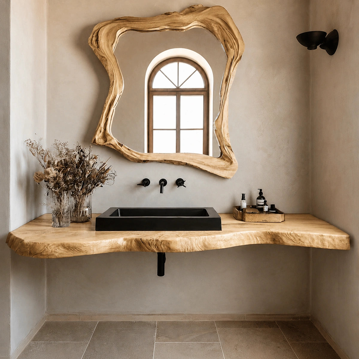 Natural Solid Wood Floating Bathroom Vanity with Hand Sculpted Live Edge