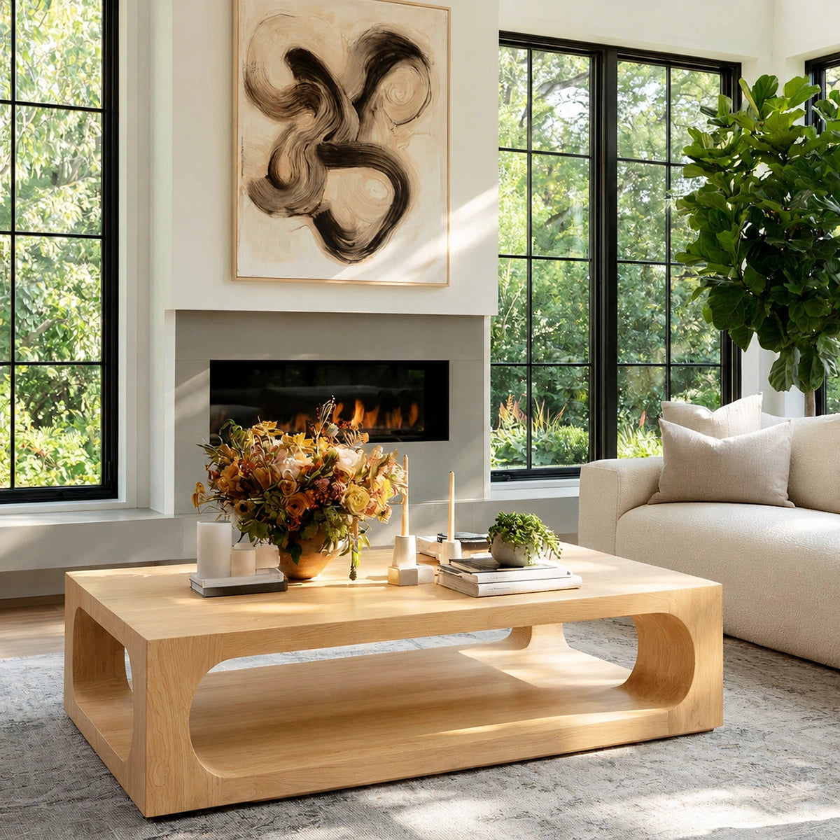 Natural Solid Wood Coffee Table with Open Shelf – Modern Style