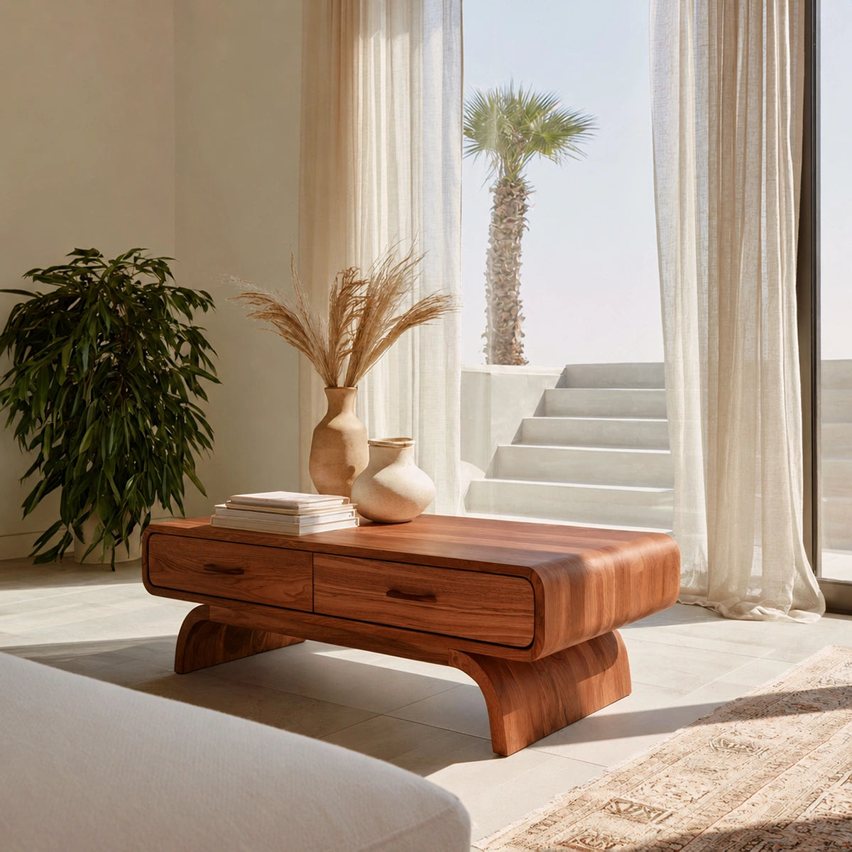 Natural Solid Wood Coffee Table with 2 Drawers – Rounded Japandi Style