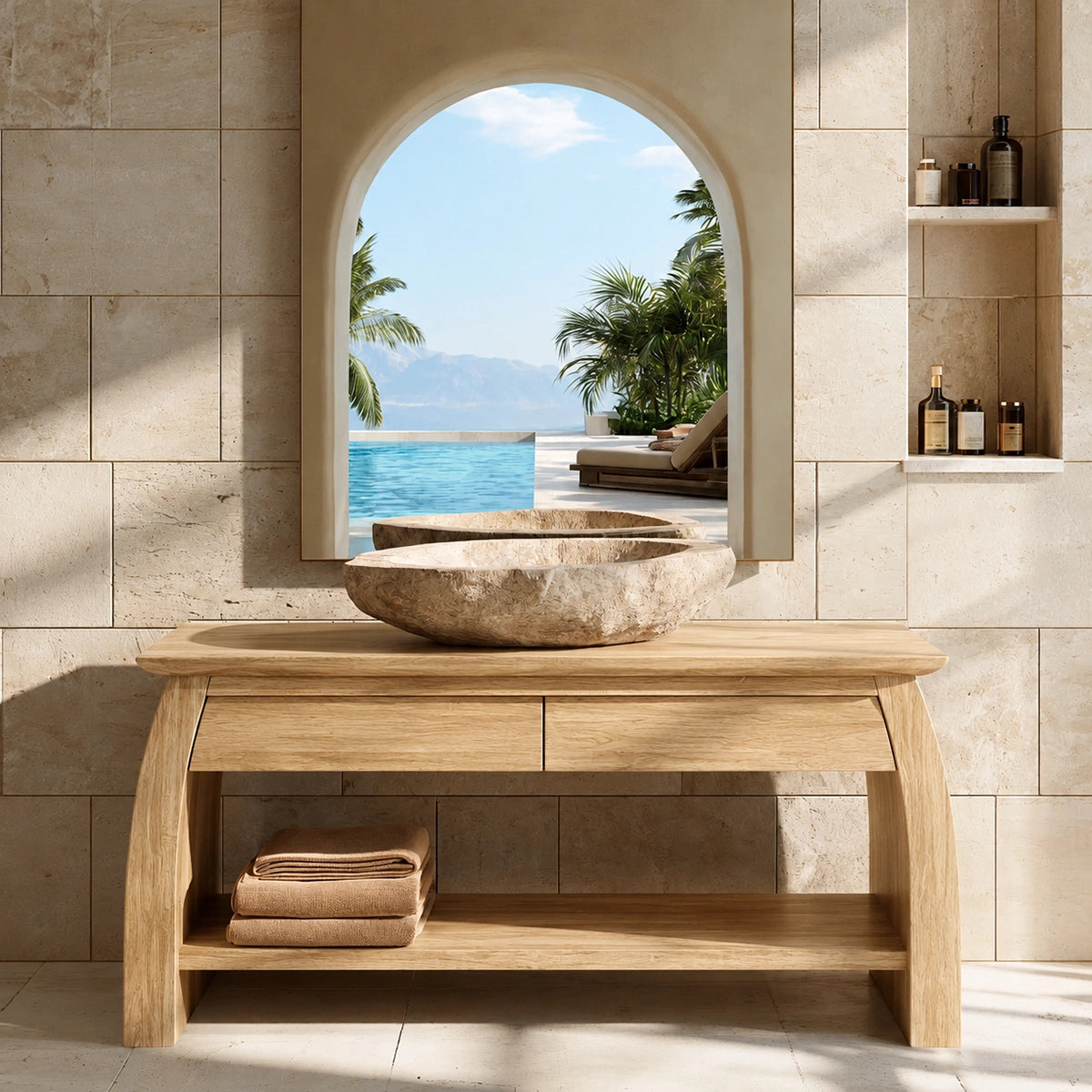 Natural Solid Wood Double Bathroom Vanity with 2 Drawers and Open Shelf