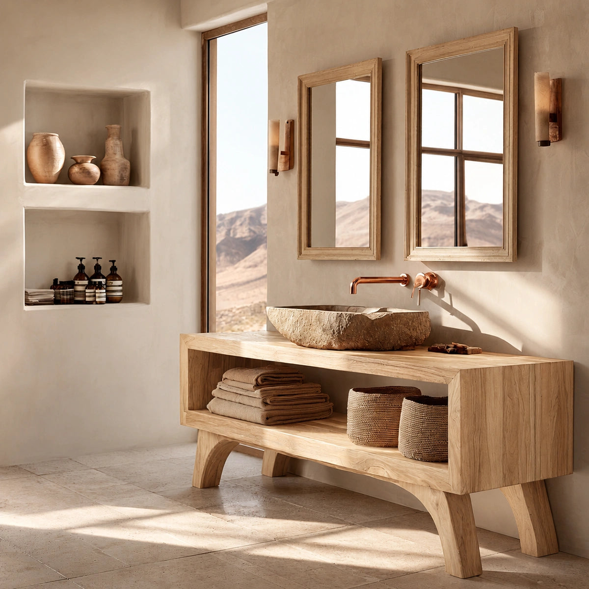 Natural Solid Wood Bathroom Vanity with Open Shelf – Rustic Wabi Sabi Style