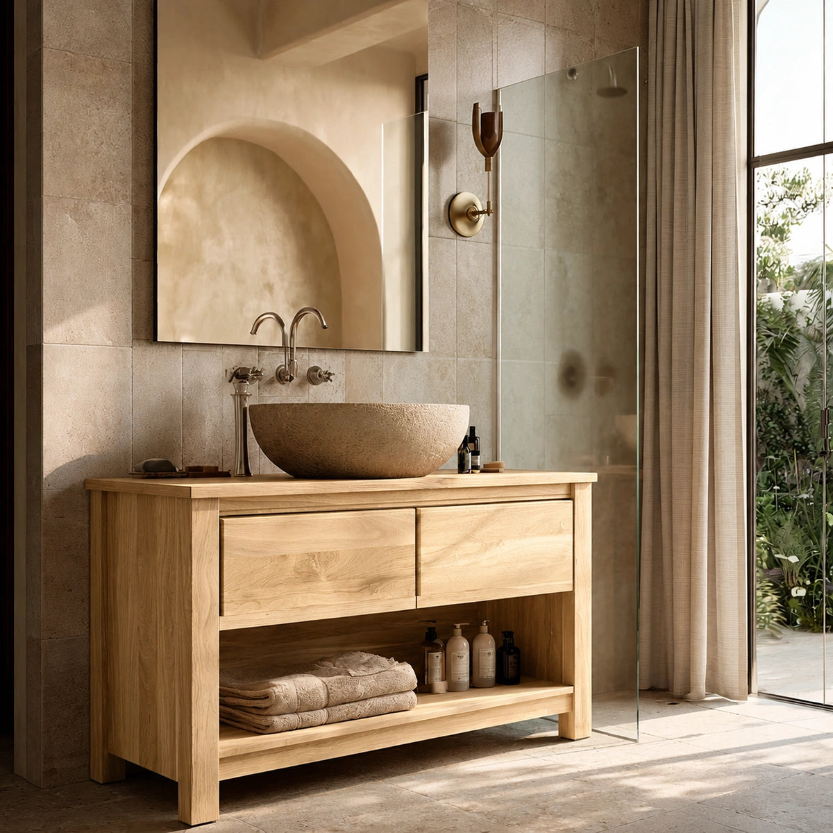 Natural Solid Wood Bathroom Vanity with 2 Drawers and Open Shelf