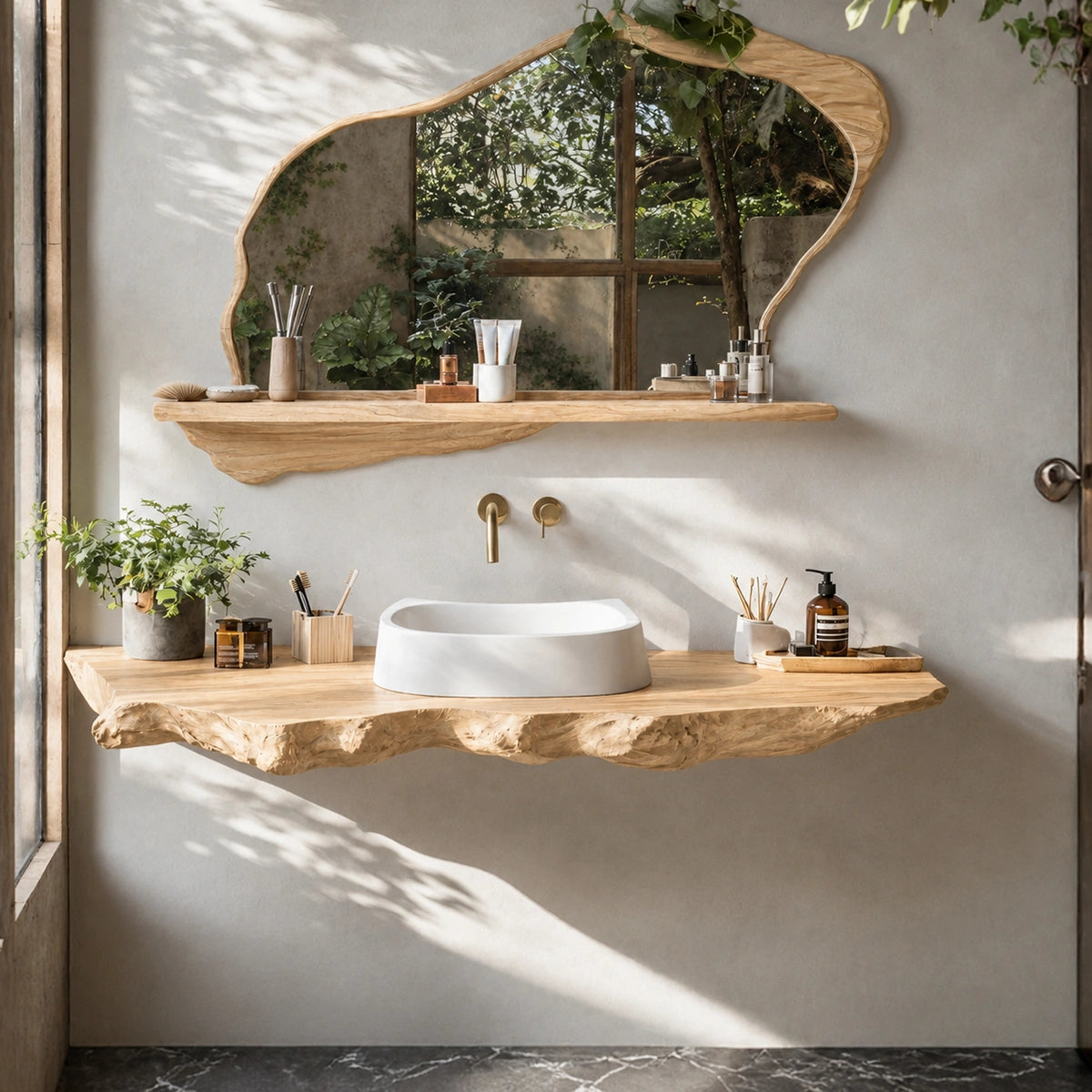Natural Solid Wood Floating Bathroom Vanity with Sculptural Live Edge Slab