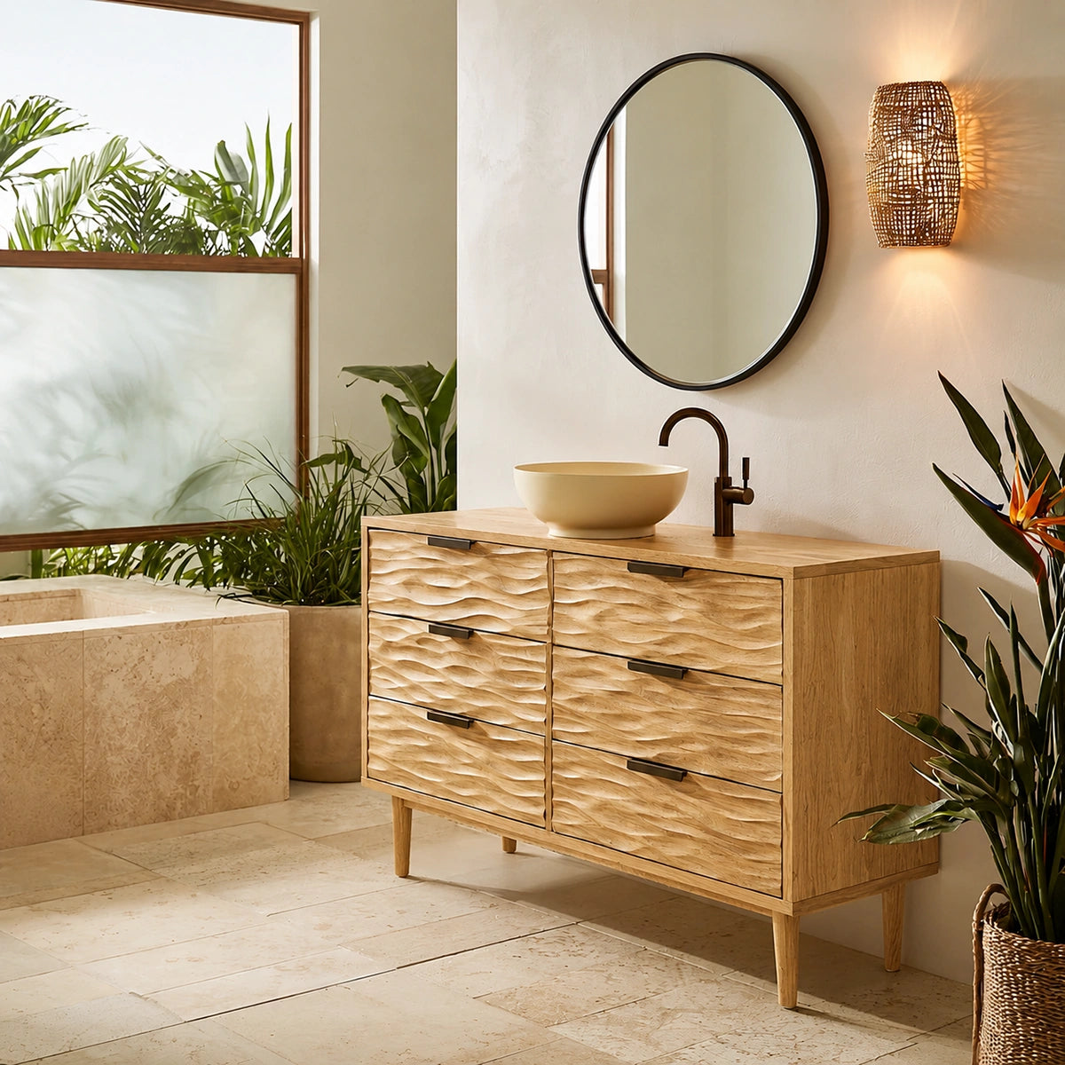 Solid Wood Bathroom Vanity Cabinet with Textured Drawer Fronts – Modern Rustic Floating Sink Console, Walnut Finish Storage Cabinet