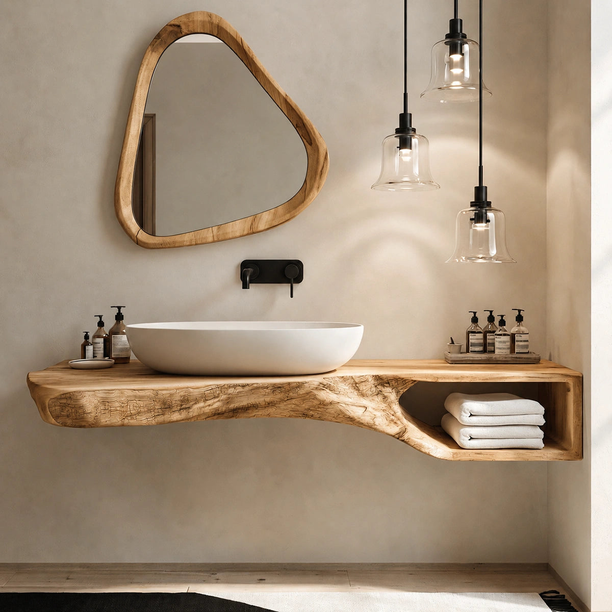 Natural Solid Wood Floating Bathroom Vanity with Open Towel Shelf