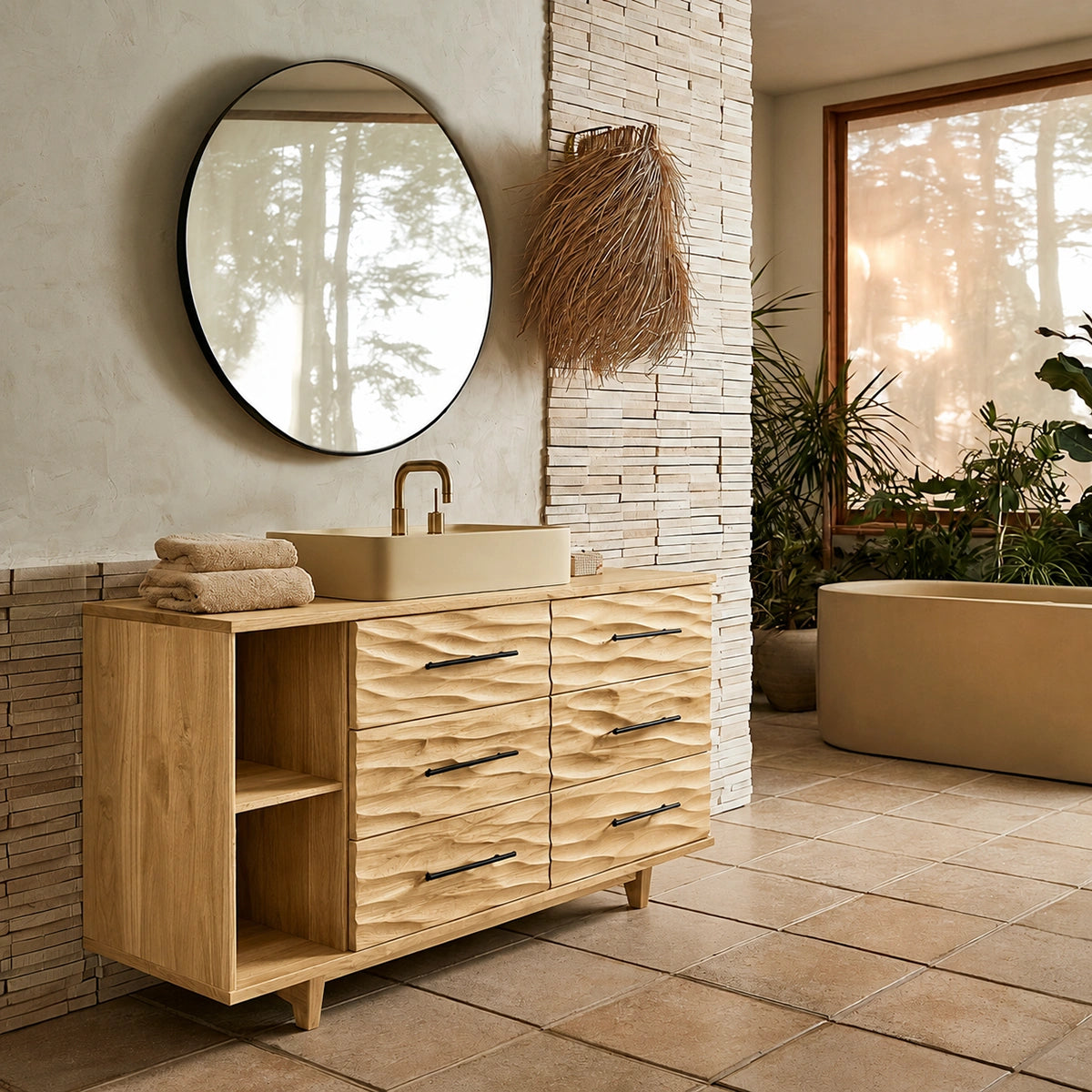 Natural Solid Wood Bathroom Vanity with 6 Drawers and Side Open Shelves