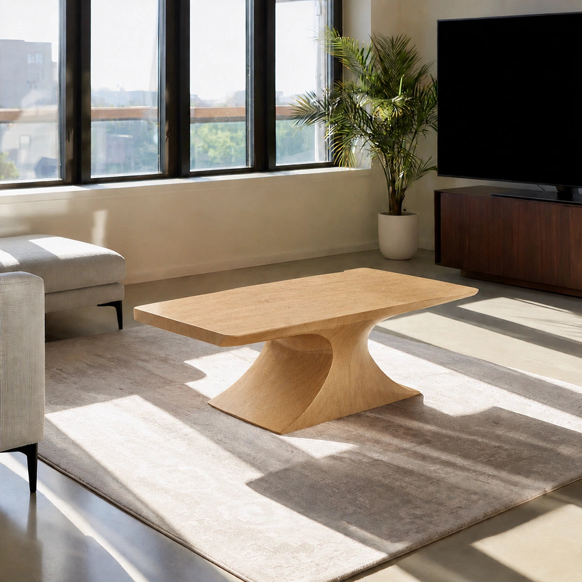 Natural Solid Wood Coffee Table – Sculptural Pedestal Modern Style