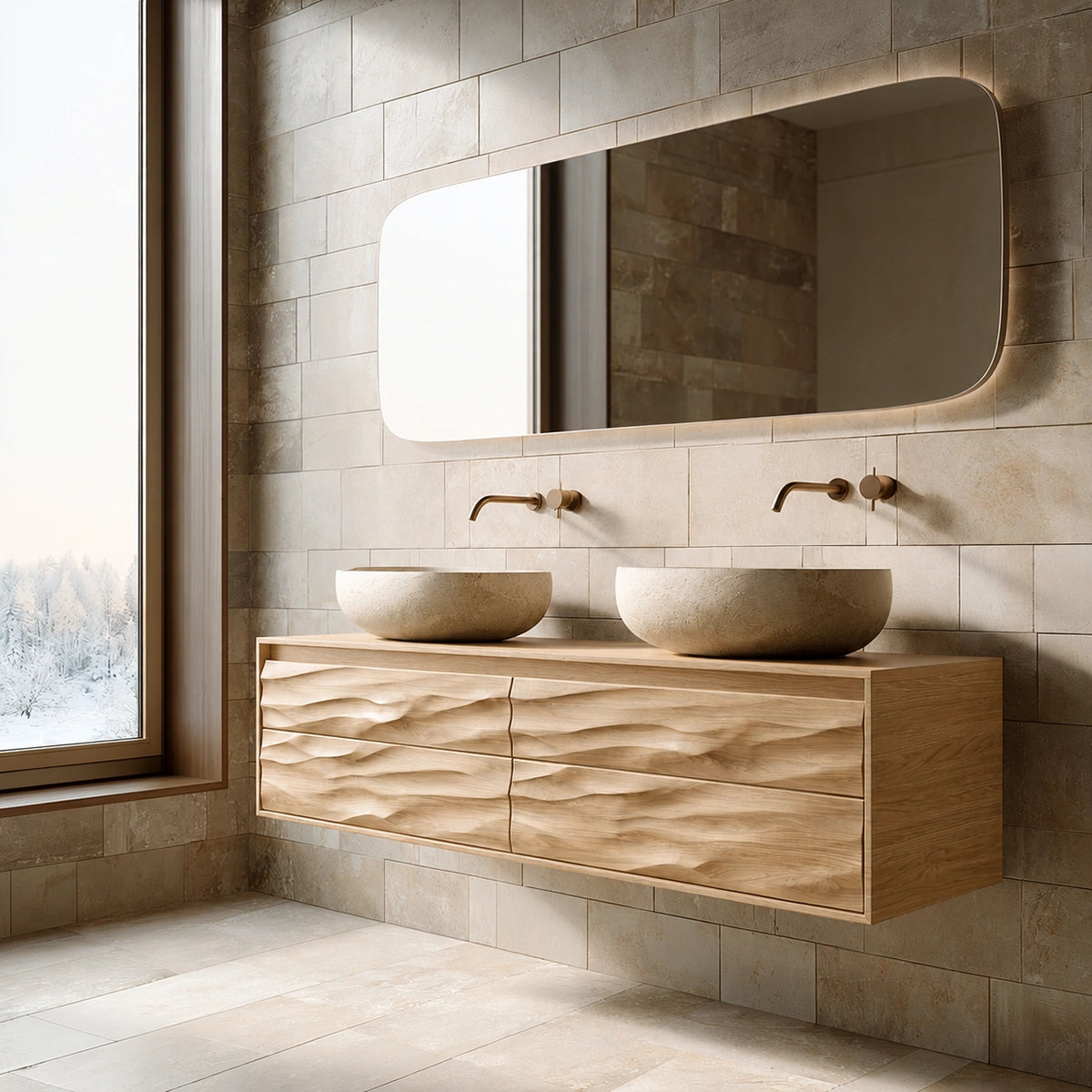 Natural Solid Wood Floating Double Bathroom Vanity with 4 Sculpted Drawers