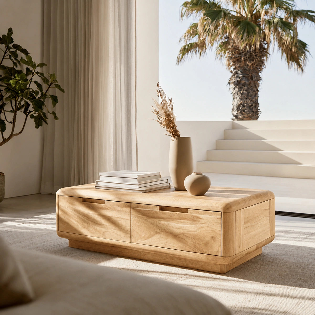 Natural Solid Wood Coffee Table – Rounded Modern Storage Style