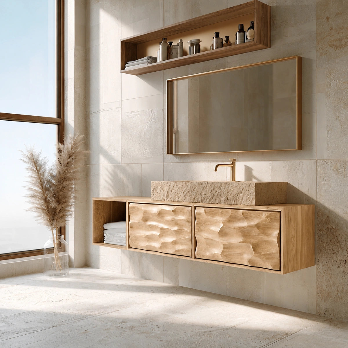 Natural Solid Wood Bathroom Cabinet with Side Shelf and 2 Doors