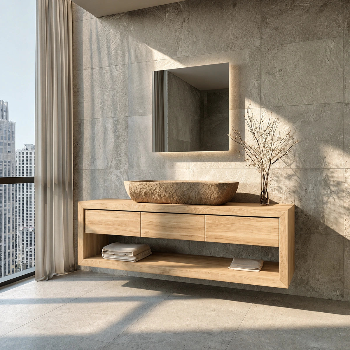 Natural Solid Wood Floating Bathroom Vanity with 3 Drawers and Open Shelf