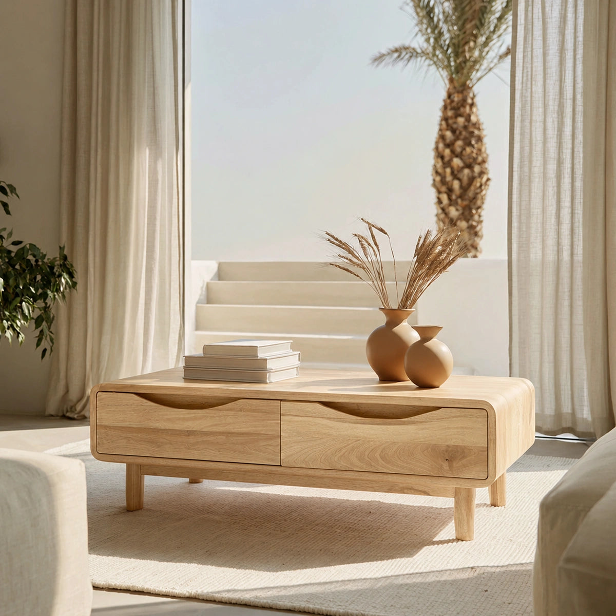 Rounded Natural Solid Wood Coffee Table with Two Storage Drawers
