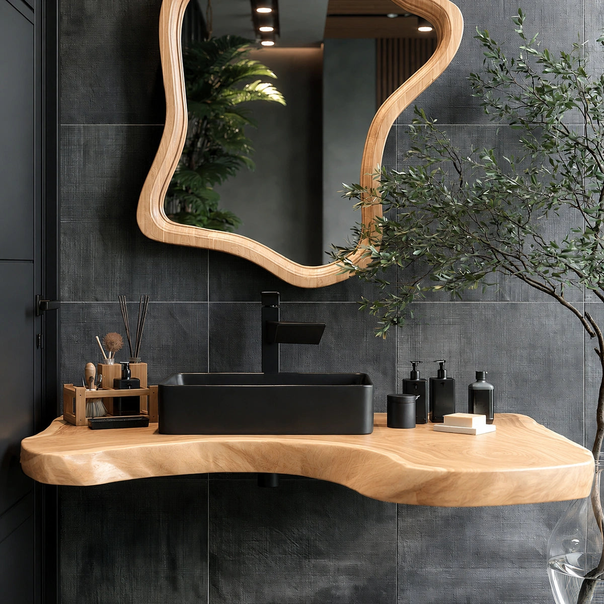 Natural Solid Wood Floating Bathroom Vanity with Sculptural Edge