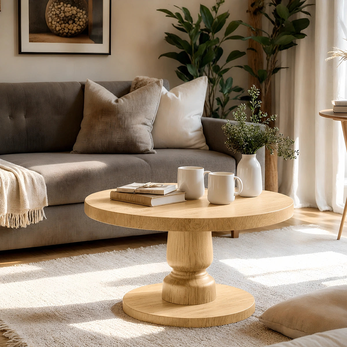 Natural Solid Wood Round Coffee Table – Sculptural Pedestal Style