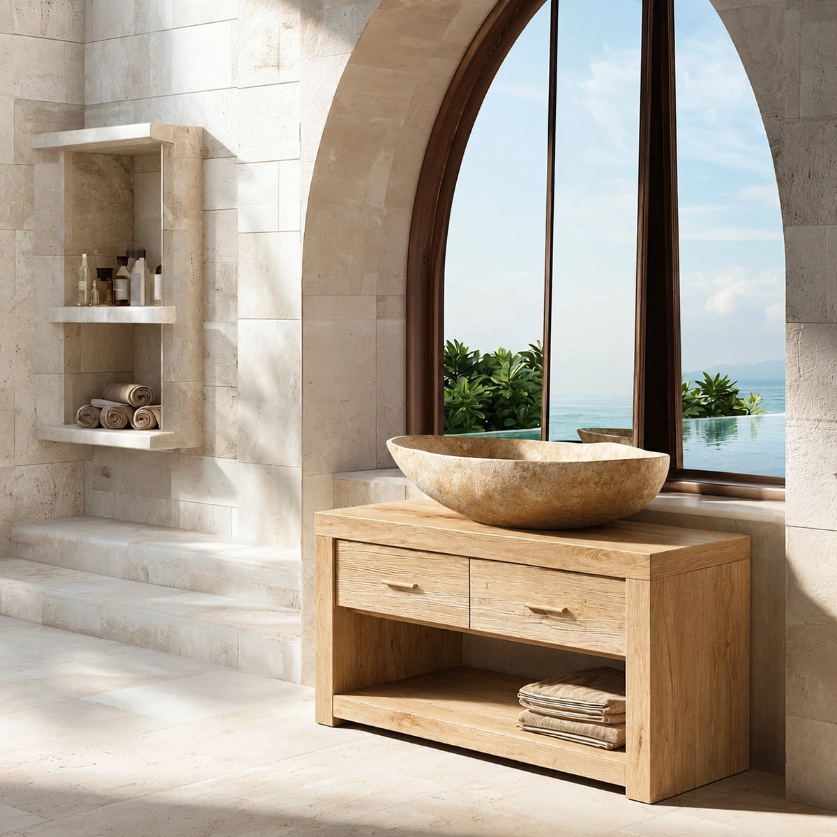 Natural Solid Wood Bathroom Vanity with 2 Drawers and Open Shelf