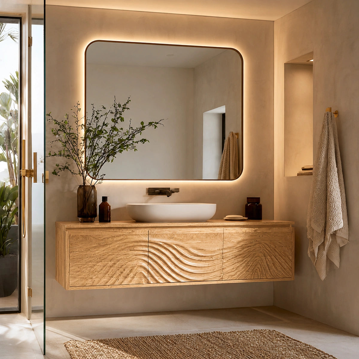 Natural Solid Wood Bathroom Cabinet – Wave Front Modern Style