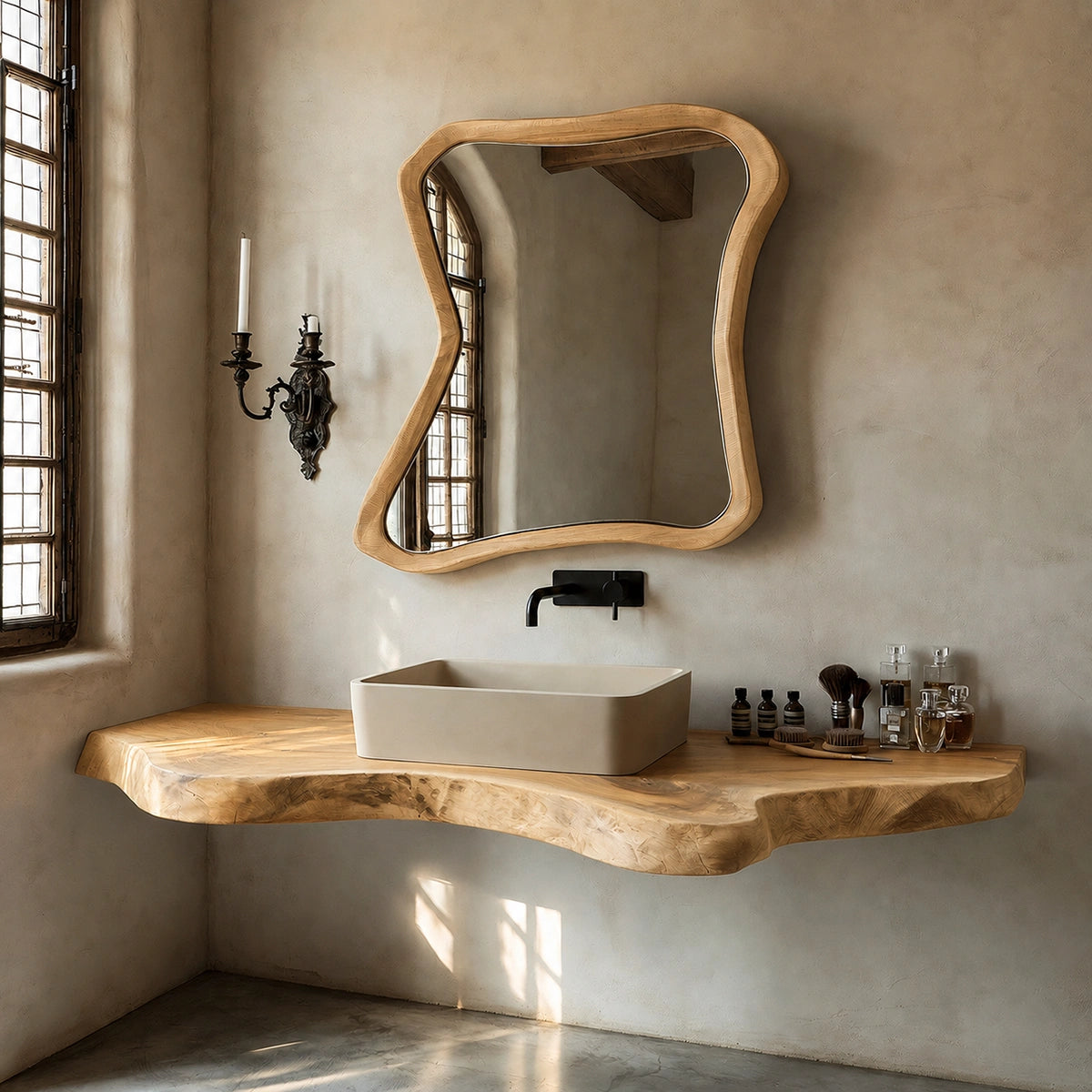 Natural Solid Wood Floating Bathroom Vanity with Sculptural Live Edge