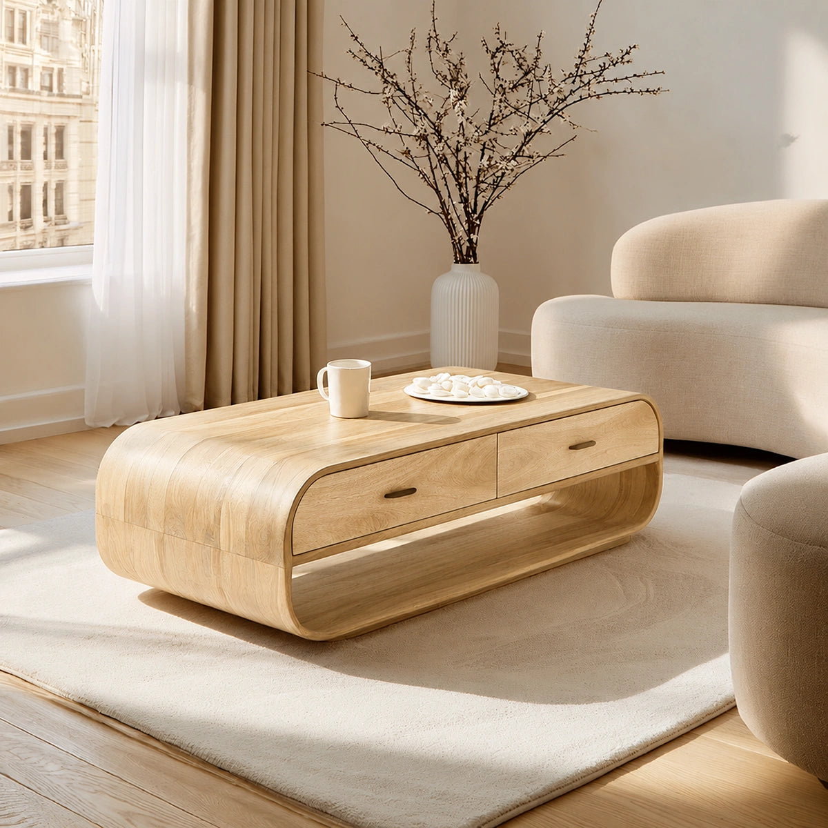 Natural Solid Wood Coffee Table with 2 Drawers – Rounded Modern Style