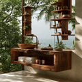 Natural Solid Wood Floating Bathroom Vanity with Full Width Open Shelf