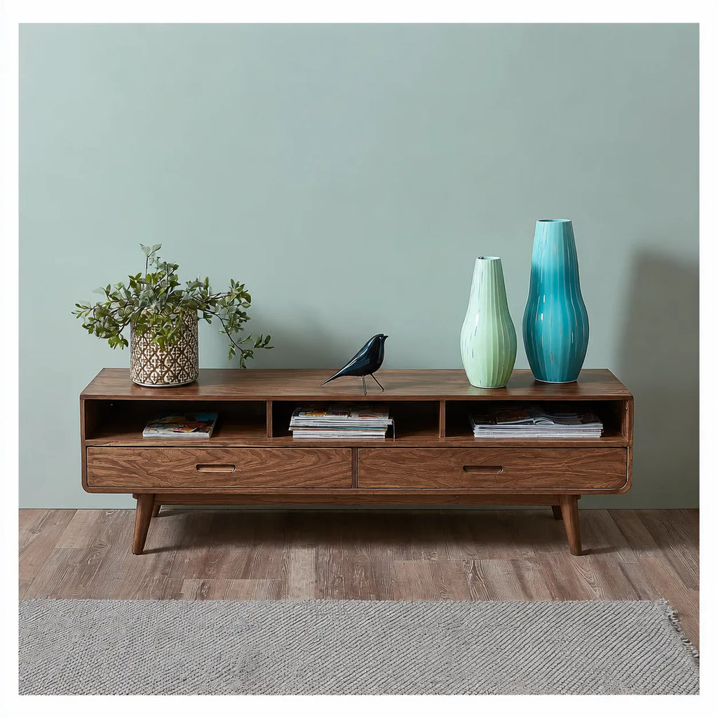Mid Century Natural Solid Wood TV Stand with Open Shelf Storage