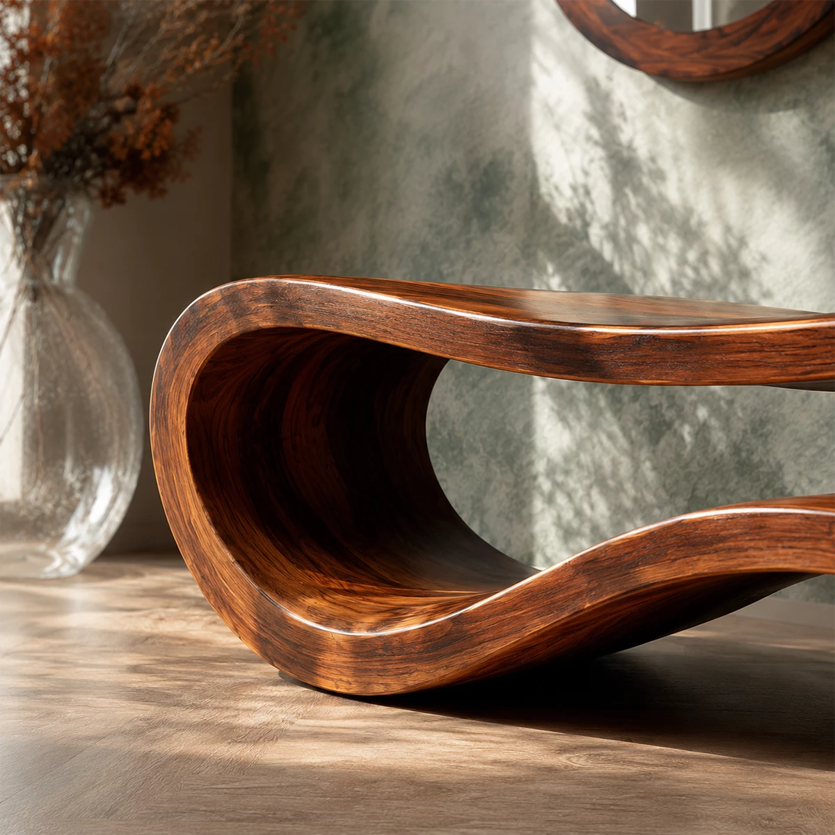 Sculptural Wave Wood Bench – Organic Natural Wood Entryway Bench for Modern Interiors