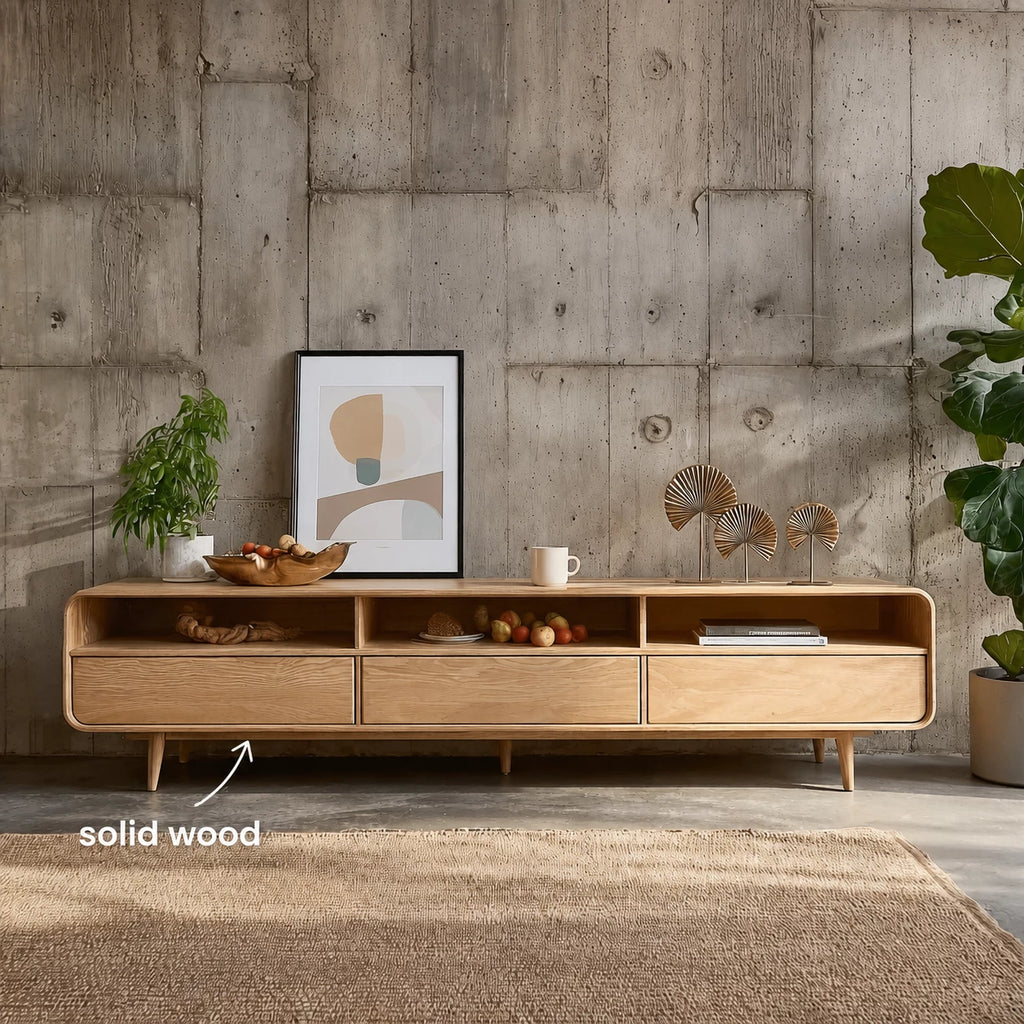 Scandinavian Natural Solid Wood TV Stand with Open Shelf Storage