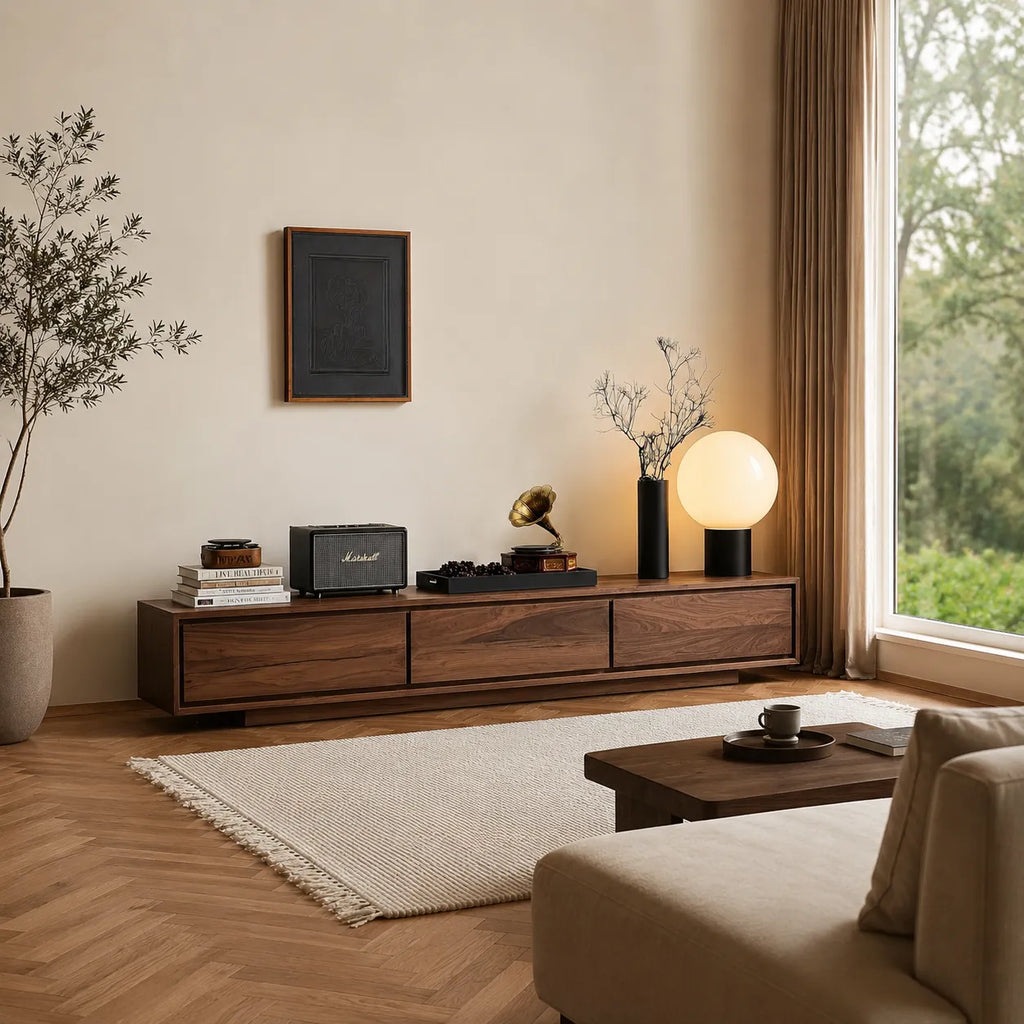 Contemporary Low Profile TV Stand with Seamless Storage Panels