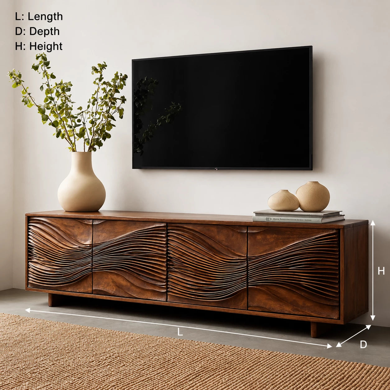 Carved Wave Natural Solid Wood TV Stand with Four Door Storage