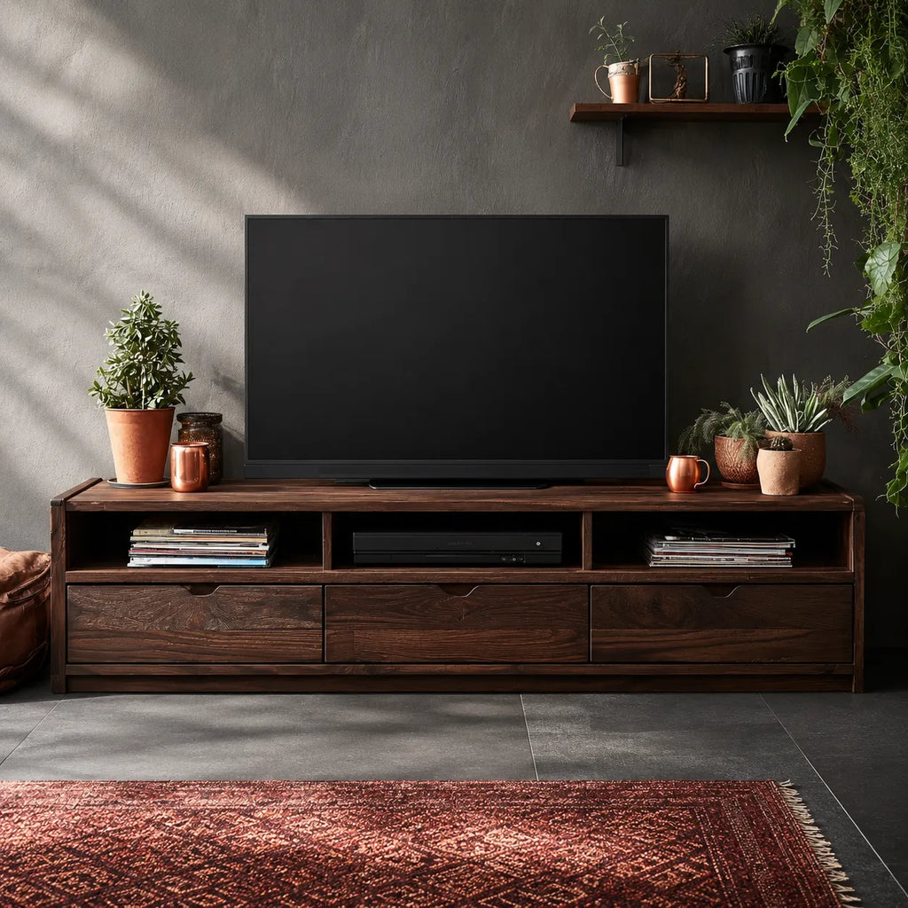 Rustic Natural Solid Wood TV Stand with Open Shelf Media Storage