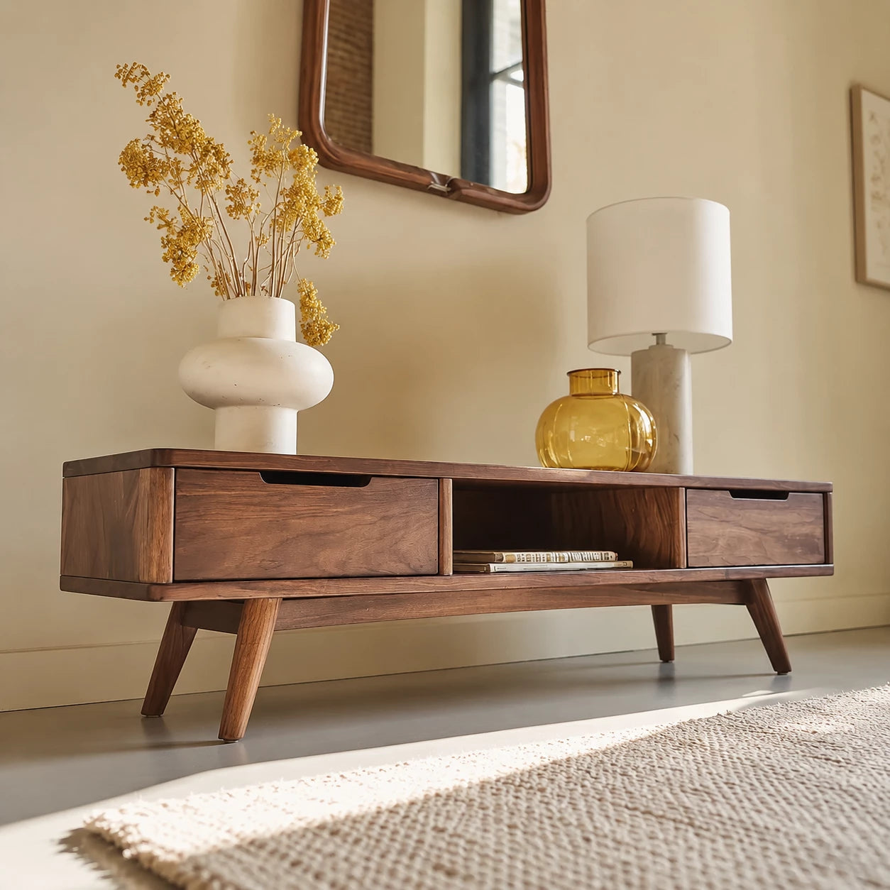 Mid Century Natural Solid Wood TV Stand with Open Shelf Storage