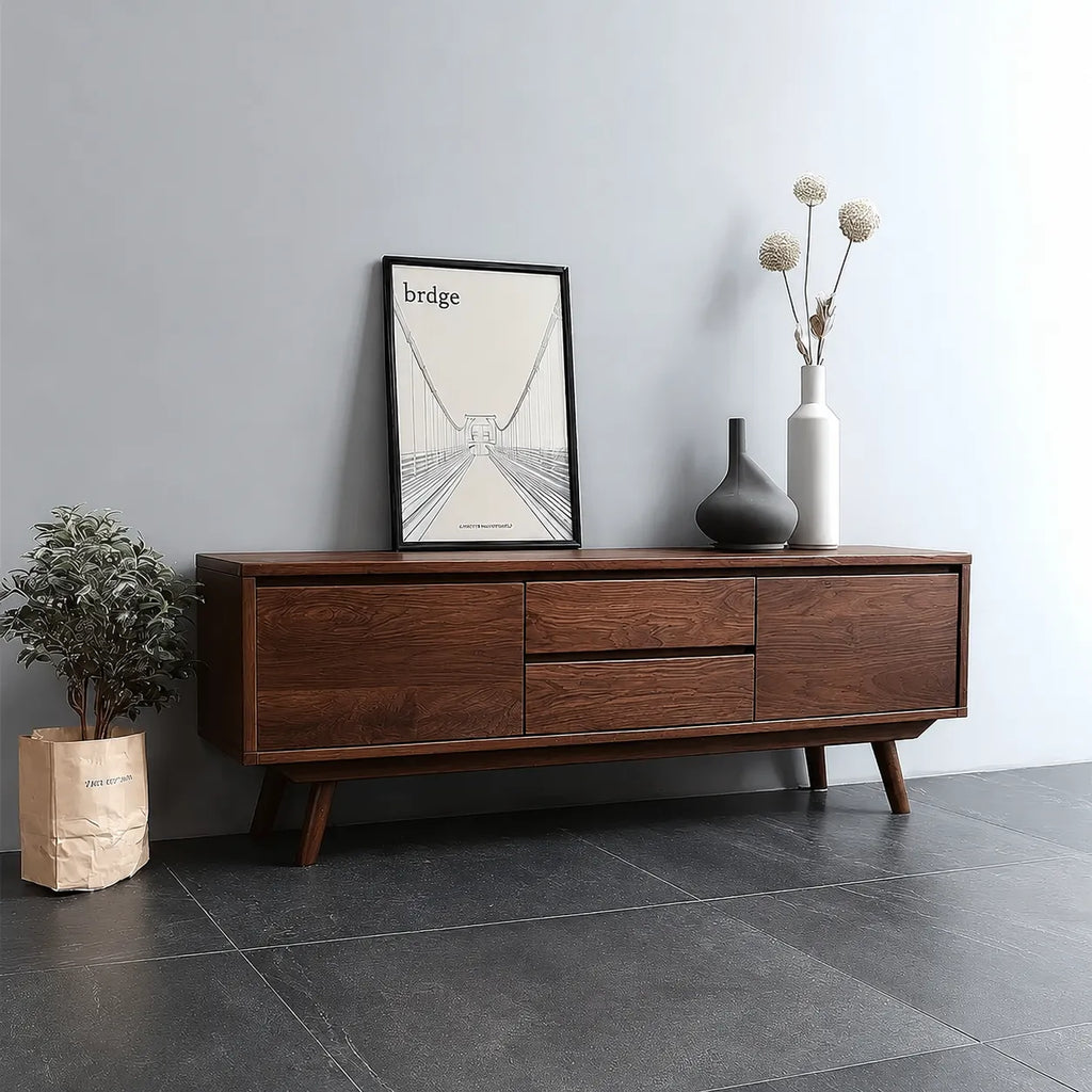 Mid Century Natural Solid Wood TV Stand with Drawer and Cabinet Storage