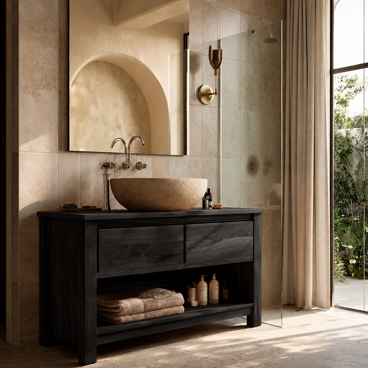Natural Solid Wood Bathroom Vanity with 2 Drawers and Open Shelf