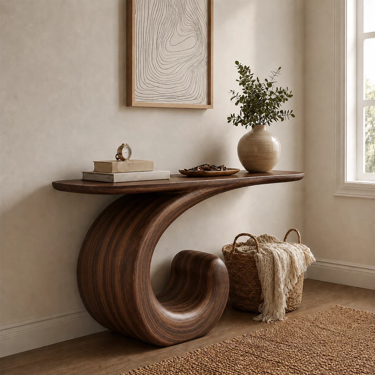 Sculptural Spiral Console Table in Natural Solid Wood