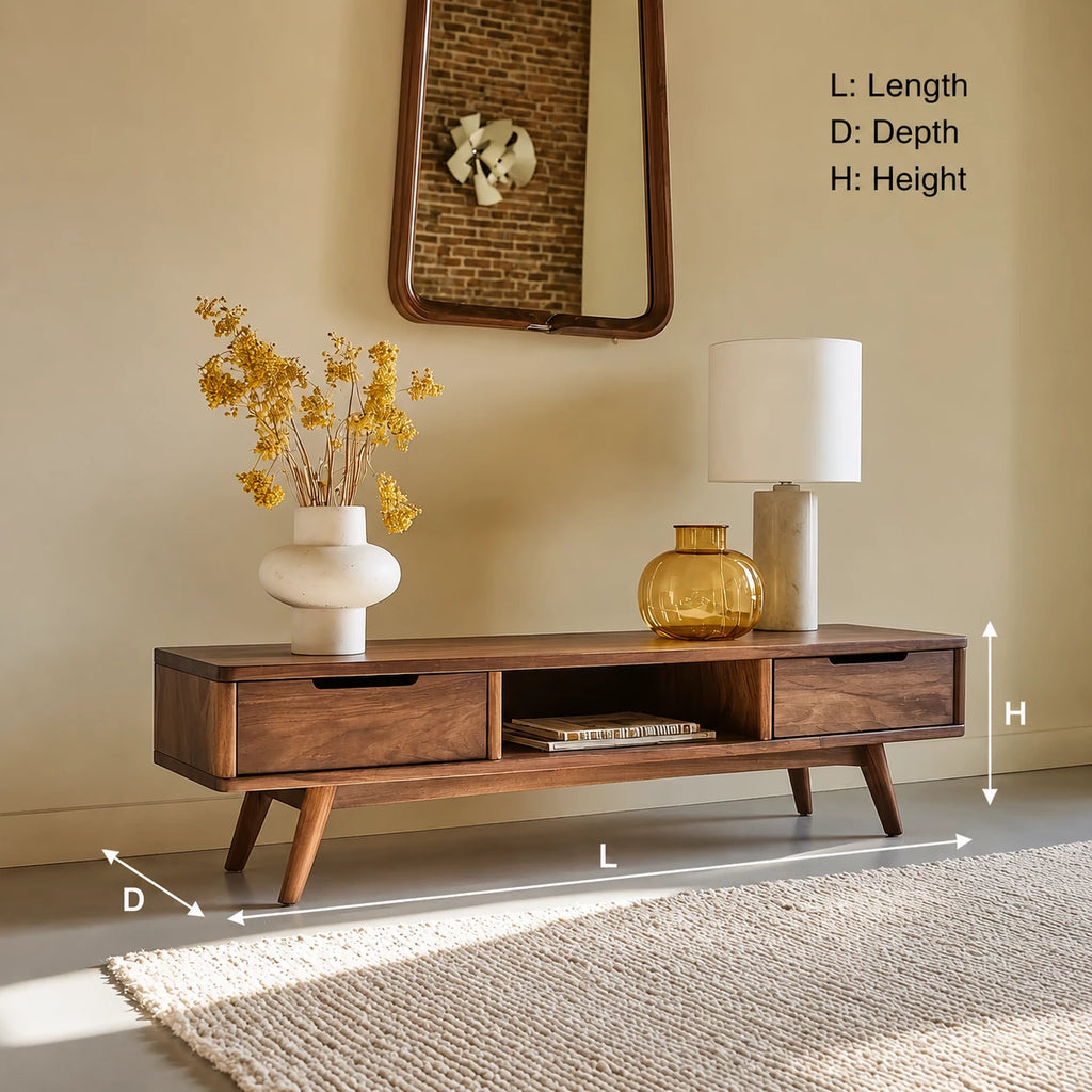 Mid Century Natural Solid Wood TV Stand with Open Shelf Storage
