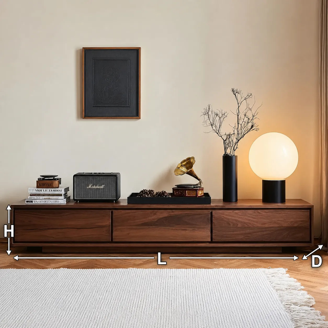 Contemporary Low Profile TV Stand with Seamless Storage Panels