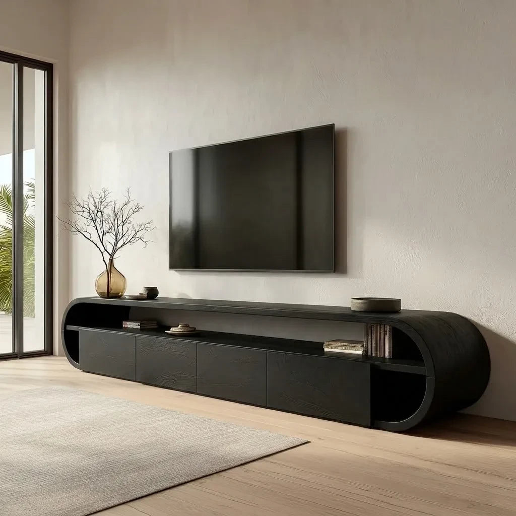 Curved Edge Natural Solid Wood TV Stand with Open Shelf Storage