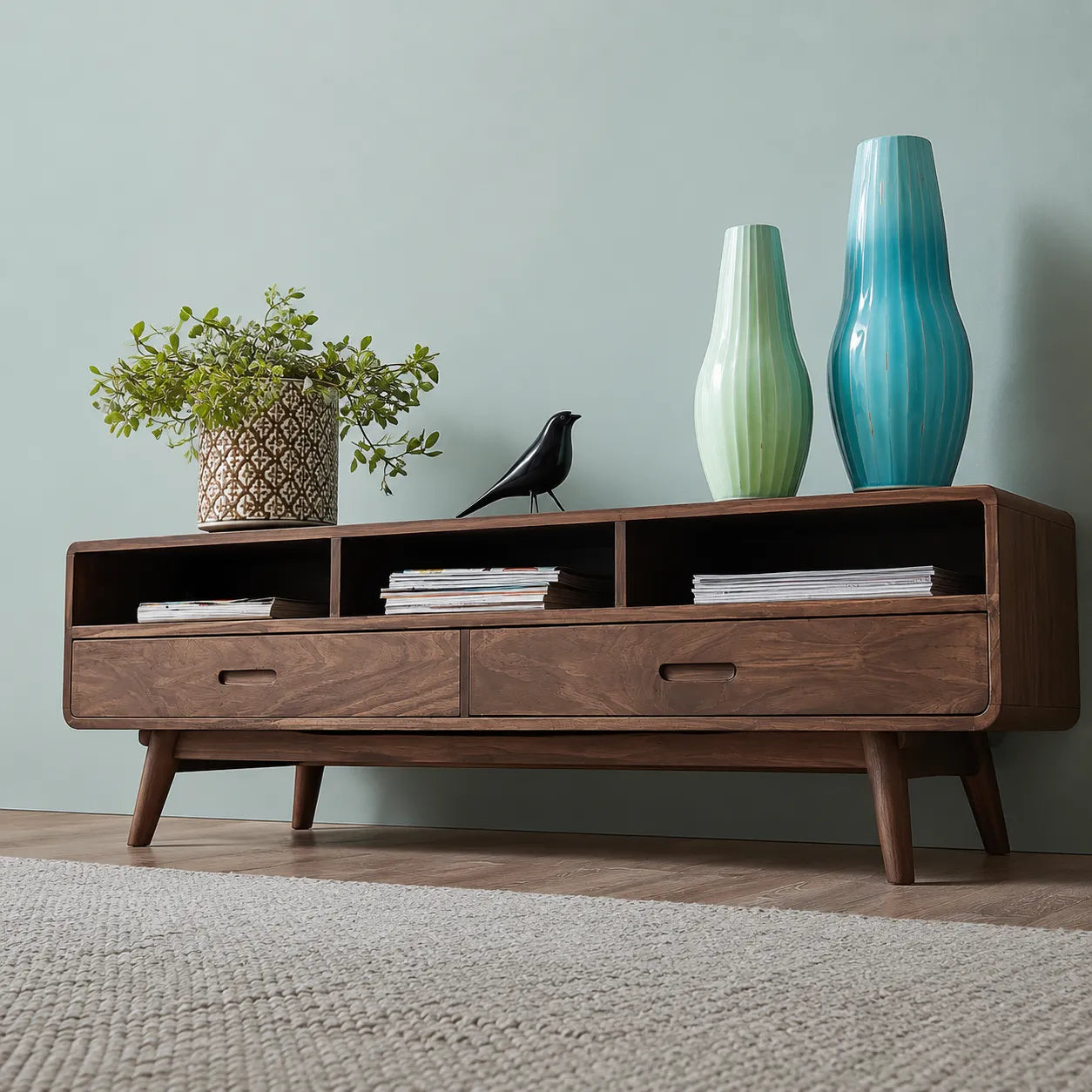 Mid Century Natural Solid Wood TV Stand with Open Shelf Storage