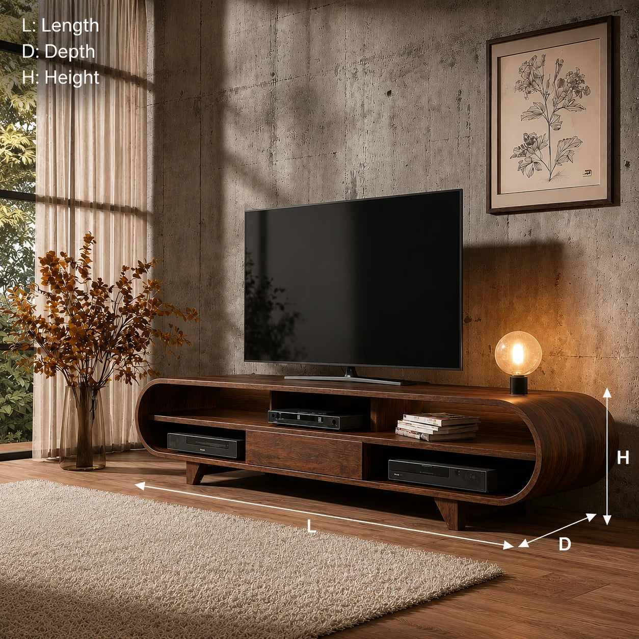 Rounded Edge Natural Solid Wood TV Stand with Open Media Storage