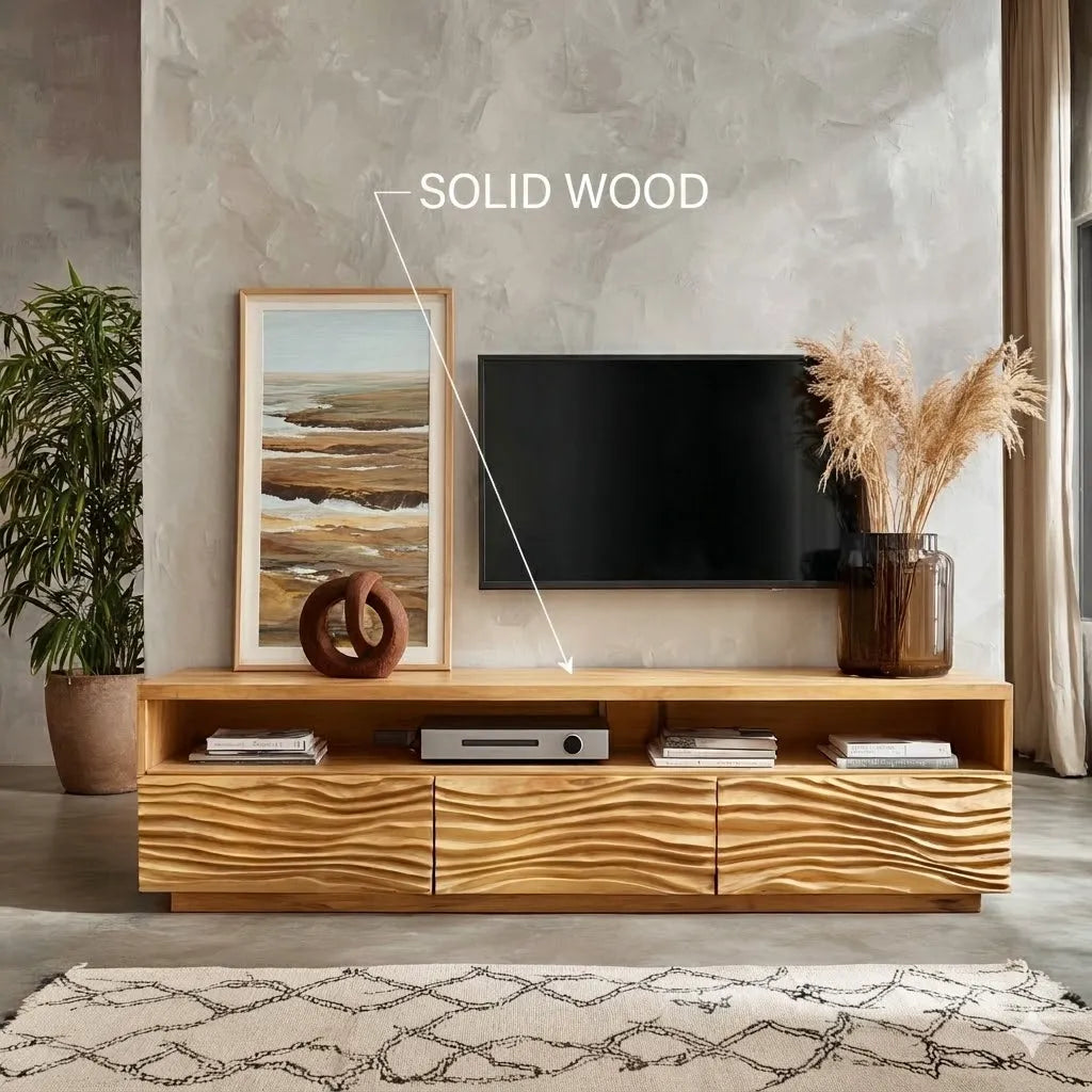 Modern Natural Solid Wood TV Stand with Wave Front Cabinet Design