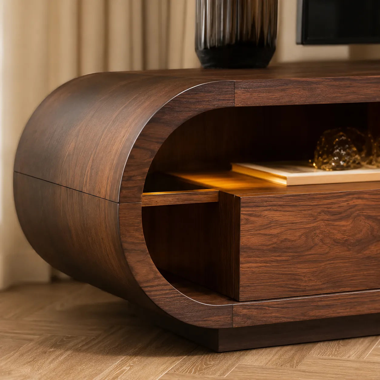 Rounded Edge TV Stand with Open Shelving and Drawer Storage Console