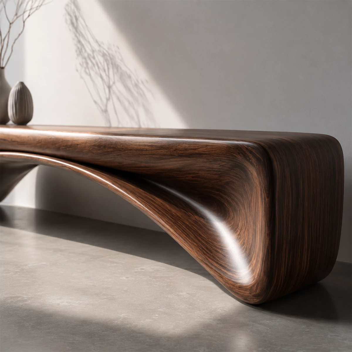 Organic Curved Wood Console Bench – Natural Wood Entryway Table for Modern Interior
