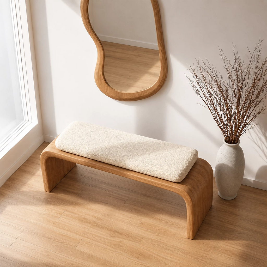 Upholstered Curved Wood Bench – Modern Entryway Bench with Natural Wood Frame